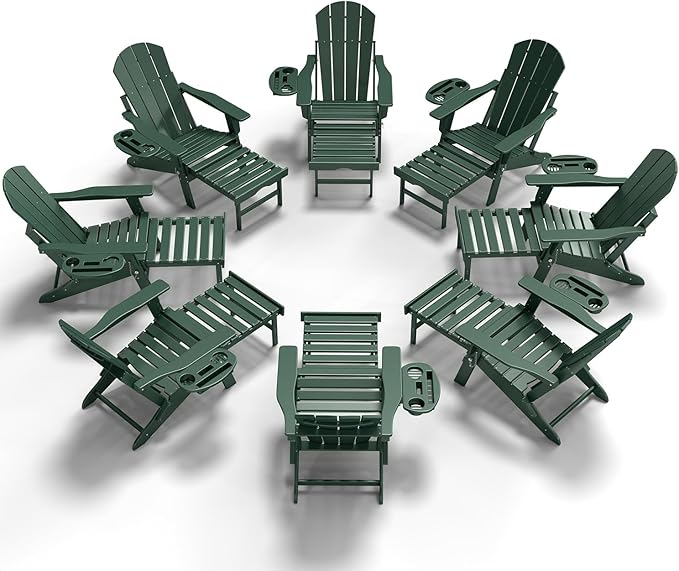 Adjustable Adirondack Chair with Retractable Ottoman Set of 8, HDPE Folding Adirondack Chair with Cup Holder, All Weather Fire Pit Chair for Outdoor.