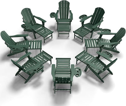 Adjustable Adirondack Chair with Retractable Ottoman Set of 8, HDPE Folding Adirondack Chair with Cup Holder, All Weather Fire Pit Chair for Outdoor.