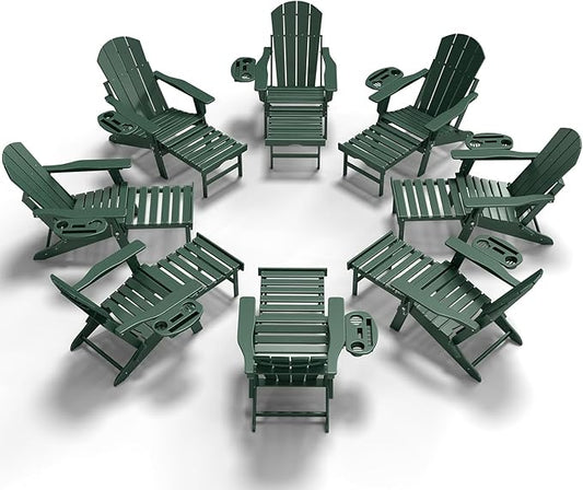 Adjustable Adirondack Chair with Retractable Ottoman Set of 8, HDPE Folding Adirondack Chair with Cup Holder, All Weather Fire Pit Chair for Outdoor.