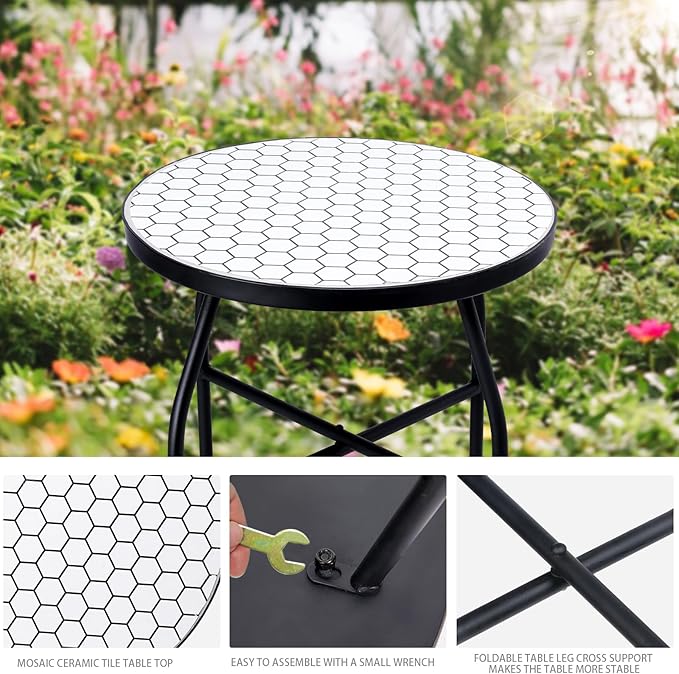 VCUTEKA Mosaic Outdoor Side Table - Small Patio Table Coffee Outside Accent Tables Round End Plant Tables for Bistro Balcony Porch Outdoor Benches 14'' White