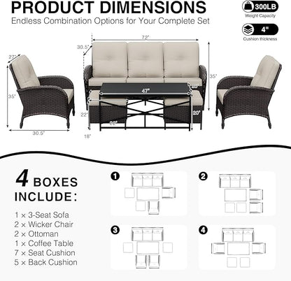 Joyside Wicker Patio Furniture Set, 6 Piece Outdoor Furniture Set with Thickened Cushions, High Back, Deep Seating, Wide Armrest, Rattan Outdoor Chairs for Porch, Deck