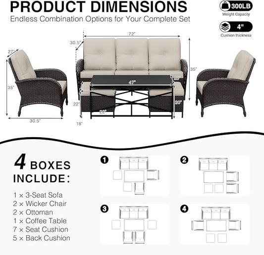 Joyside Wicker Patio Furniture Set, 6 Piece Outdoor Furniture Set with Thickened Cushions, High Back, Deep Seating, Wide Armrest, Rattan Outdoor Chairs for Porch, Deck