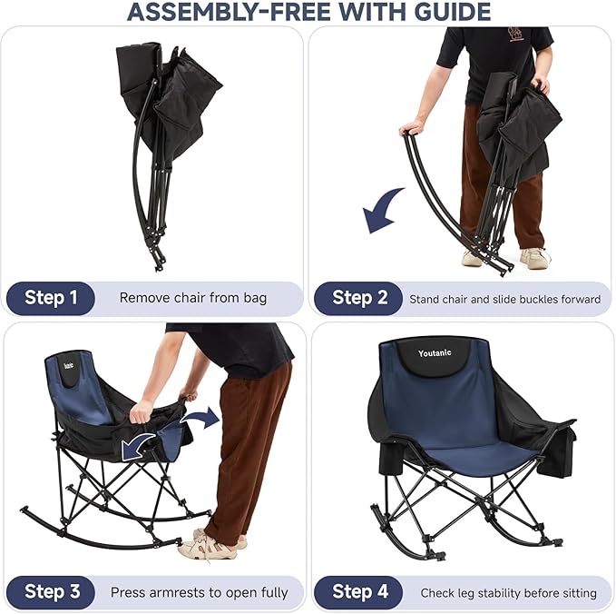 Oversized Folding Rocking Camping Chair, Padded Portable Rocking Chair with Pockets, Cup Holder and Carry Bag, Heavy Duty Outdoor Rocker Patio Chair for Garden, Lawn, Up to 400lbs, Navy Blue