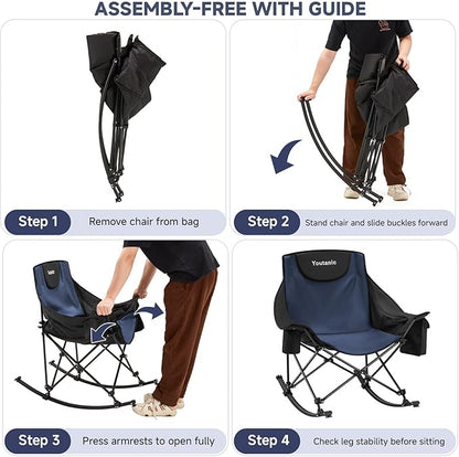 Oversized Folding Rocking Camping Chair, Padded Portable Rocking Chair with Pockets, Cup Holder and Carry Bag, Heavy Duty Outdoor Rocker Patio Chair for Garden, Lawn, Up to 400lbs, Navy Blue