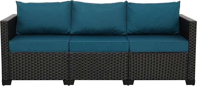 Rattaner Outdoor Furniture Outdoor Couch Patio Furniture 3-seat Sofa Deep Seat Hight Backrest with Waterproof Cover and Anti-Slip Cushions, Peacock Blue