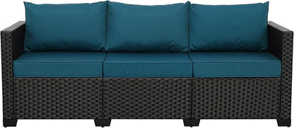 Rattaner Outdoor Furniture Outdoor Couch Patio Furniture 3-seat Sofa Deep Seat Hight Backrest with Waterproof Cover and Anti-Slip Cushions, Peacock Blue