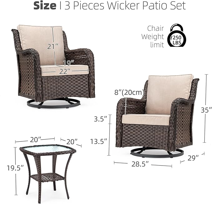 GAOMON Rattan Chairs Rocking Swivel Chair Outdoor Set with Side Table and Cushions, Patio Conversation Furniture Set 3 Piece for Outside Porch Deck Balcony Garden Backyard (Beige Cushions 1)