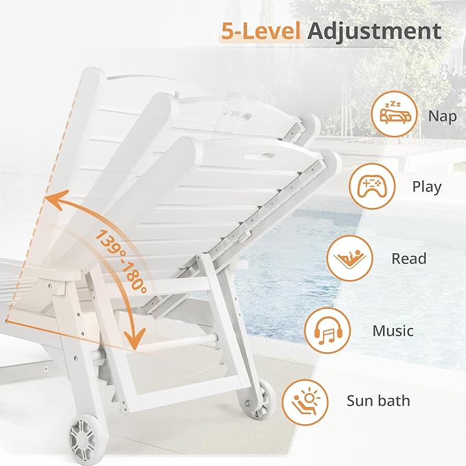 LUE BONA HDPS Chaise Lounge Chairs Set with Table, 3-Piece, Outdoor Pool Lounge Chair with Adjustable Backrest, Resin Patio Lounge Chairs with Wheels for Outside, Poolside, White