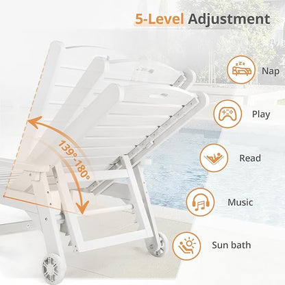 LUE BONA HDPS Chaise Lounge Chair with Table, 2-Piece, Outdoor Pool Lounge Chairs with Adjustable Backrest, Resin Patio Lounge Chairs with Wheels for Outside, Poolside, White