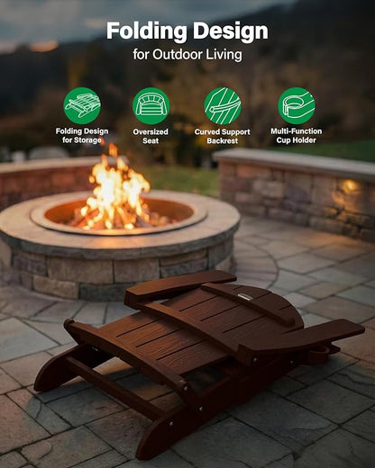 YEFU Adirondack Chair, Oversized Plastic Adirondack Chair Folding Outdoor Chairs with cup holder, Lawn Chair with Weather Resistant for Outside Deck Lawn Garden, Weight Capacity Up to 400 Lbs–Mahogany