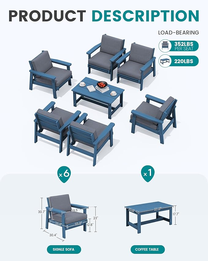 SERWALL HDPE Outdoor Furniture Set, 7 Piece All Weather Wood-Like Outdoor Sofa Sectional Couch - Photo 2