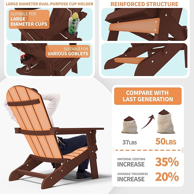 YEFU Adirondack Chair, Foldable Oversized Plastic Adirondack Chair Set of 4 with Cup Holder - Photo 5