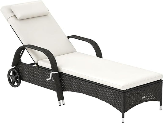 Outsunny Wicker Outdoor Chaise Lounge, 5-Level Adjustable Backrest PE Rattan Pool Lounge Chair with Wheels, Cushion & Headrest, Deep Coffee and Cream White