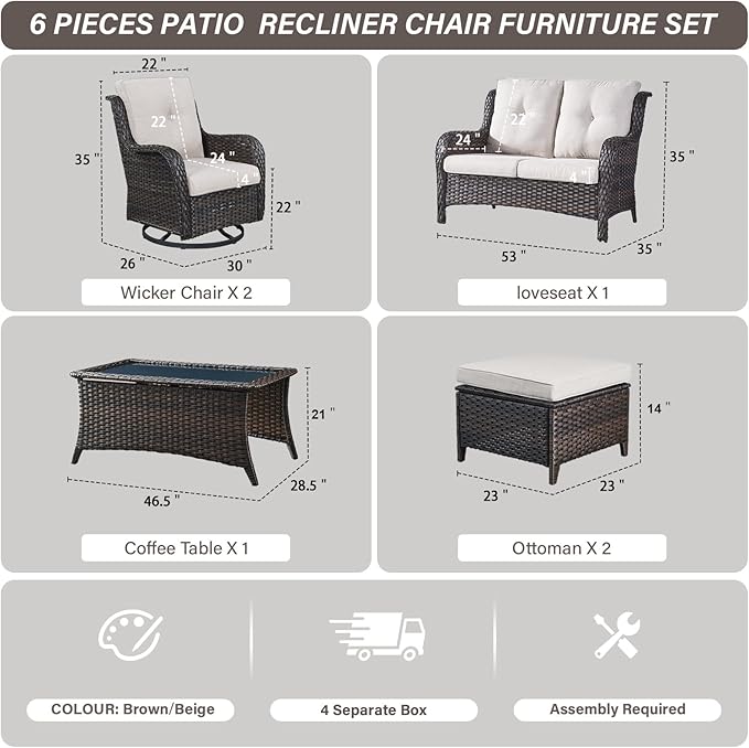 Belord 6 Piece Wicker Patio Furniture Set, Outdoor Swivel Rocker Chairs Set of 2 with Ottomans and Loveseat - Photo 2