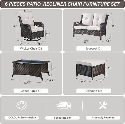 Belord 6 Piece Wicker Patio Furniture Set, Outdoor Swivel Rocker Chairs Set of 2 with Ottomans and Loveseat, All Weather Patio Conversation Furniture Set, for Pool,Yard,SunroomBrown Wicker/Beige