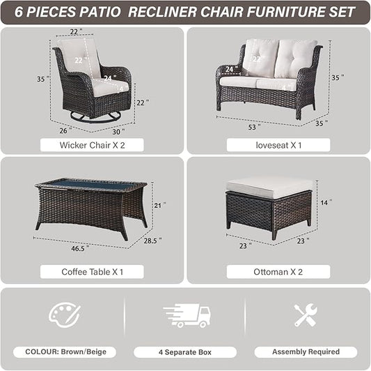 Belord 6 Piece Wicker Patio Furniture Set, Outdoor Swivel Rocker Chairs Set of 2 with Ottomans and Loveseat, All Weather Patio Conversation Furniture Set, for Pool,Yard,SunroomBrown Wicker/Beige