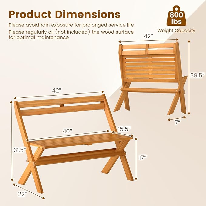 Tangkula Foldable Acacia Wood Outdoor Bench, 2-Person Patio Garden Bench with 800 lbs Capacity, Outside Loveseat Seating for Porch, Balcony, Yard & Park
