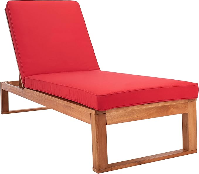 SAFAVIEH Outdoor Collection Solano Natural Brown Solid Wood/Red Cushion Patio Adjustable Chaise Lounge Chair (PAT7024R)