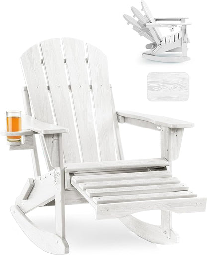 Adjustable Adirondack Rocking Chair with Retractable Ottoman, 4-in-1 Multifunctional Folding Patio Chair with Cup Holder, Outdoor Chair Wood Texture for Lawn,Porch, Backyard,Pool(White)