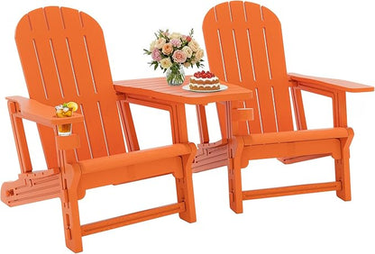 JY QAQA Outdoor Adirondack Chair Set of 2, All-Weather HDPE Patio Furniture with Detachable Table, Wood Texture & Cup Holder for Patio, Poolside, Garden, Orange