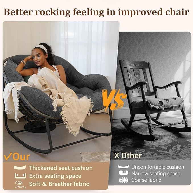 Oversized Rattan Rocking Chair Outdoor, Papasan Chair Rocking, Outdoor Rocking Chair with Padded Cushion, Outdoor Wicker Rocking Chair for Front Porch, Garden, Patio (Dark Grey)