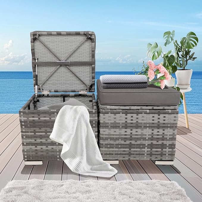 2-Pieces Patio Rattan Ottomans，All-Weather Rattan Wicker Multipurpose Outdoor Furniture for Patio, Backyard, Additional Seating, Footrest, Side Table w/Storage, Removable Cushions (Grey)