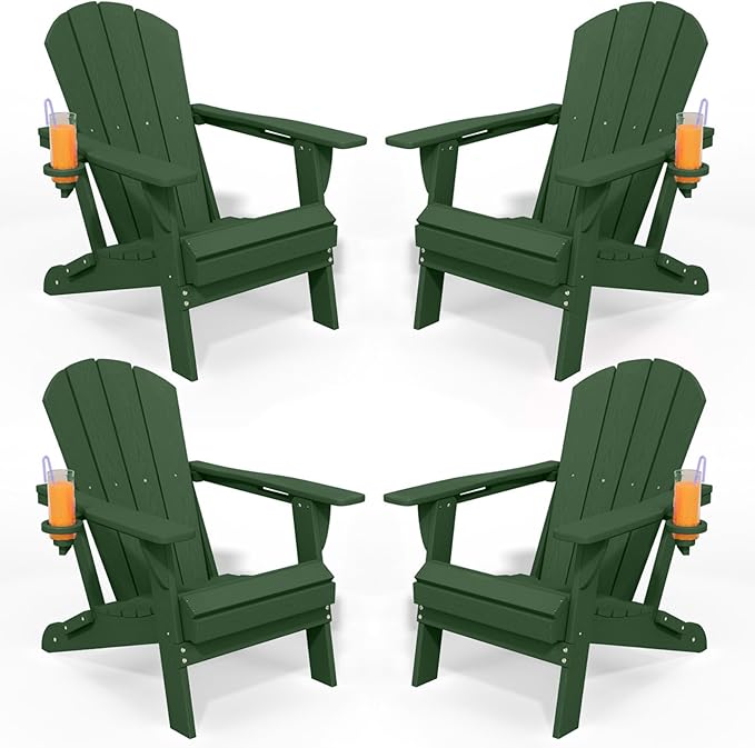 Foldable Adirondack Chair with Cup Holder-Heavy Duty Recycled HDPE Outdoor Patio Furniture, Weather Resistant Deck Lawn Fire Pit Chair (Dark Green, 4 Chair)