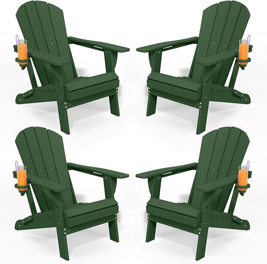 Foldable Adirondack Chair with Cup Holder-Heavy Duty Recycled HDPE Outdoor Patio Furniture, Weather Resistant Deck Lawn Fire Pit Chair (Dark Green, 4 Chair)