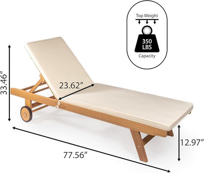 JONATHAN Y LNG1000A Mallorca 77.56"x23.62" Modern Classic Adjustable Acacia Wood Chaise Outdoor Lounge Chair with Cushion & Wheels Coastal, Bohemian, Minimalist, Traditional, White/Natural