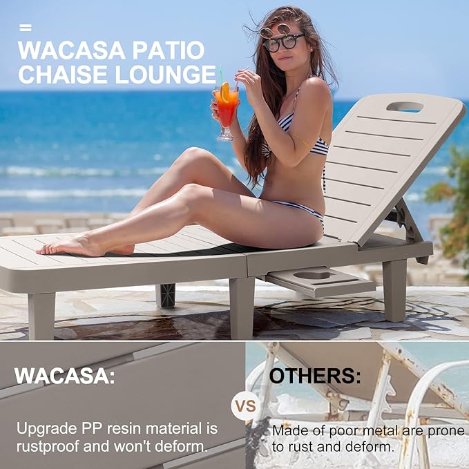 WACASA Outdoor Chaise Lounge Chairs Set of 2, Oversized Lounge Chairs with 5-Level Adjustable Backrest & Cup Holder, Resin Waterproof Pool Lounge Chair for Poolside, Patio, Beach, Yard, Gray