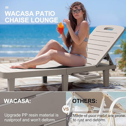 WACASA Outdoor Chaise Lounge Chairs Set of 2, Oversized Lounge Chairs with 5-Level Adjustable Backrest & Cup Holder, Resin Waterproof Pool Lounge Chair for Poolside, Patio, Beach, Yard, Gray