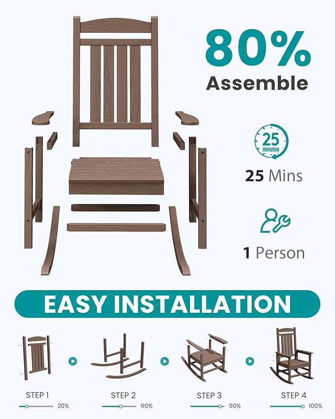 SERWALL HDPE Outdoor Rocking Chair Set of 4, Patio Rocking Chairs, All-Weather Porch Rockers for Adults, Brown