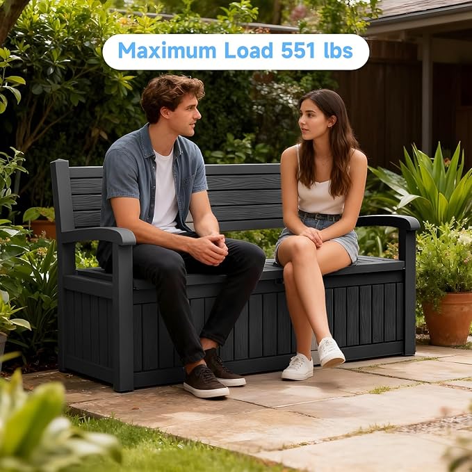 51.06" L x 24.17" W x 35.24" H Outdoor Storage Bench - 70 Gallon Weather-Resistant Resin Rattan-Look Seat (500 lbs Capacity) (Black)