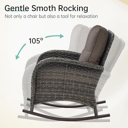 Patio Rocking Chair: Outdoor Wicker Rocker Porch Rocking Chair with Removable Cushion, 300 Lb Weight Capacity Rattan Rocking Seating for Balcony Garden Brown/Grey