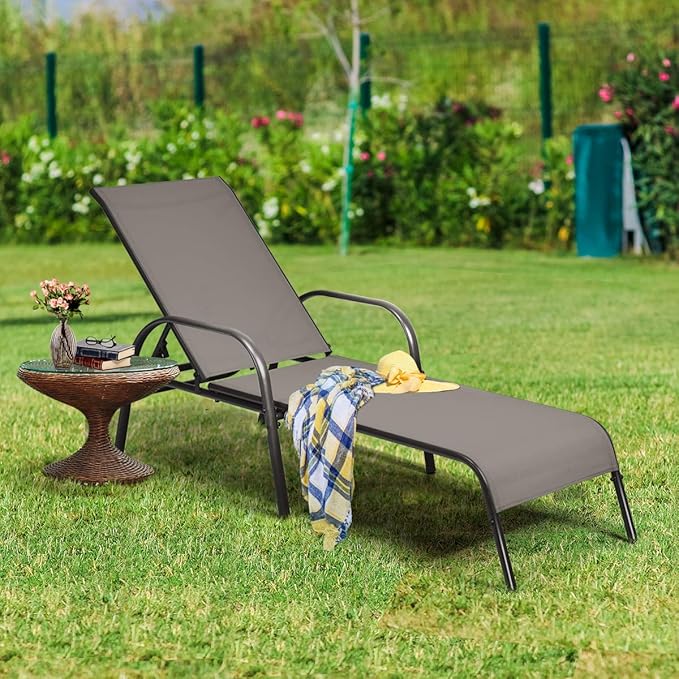 Tangkula Lounge Chair Outdoor, Patio Chaise Lounge with Adjustable Backrest, Reclining Pool Lounge Chair for Outside with Heavy Duty Steel Frame, Suitable for Beach, Yard, Balcony, Poolside