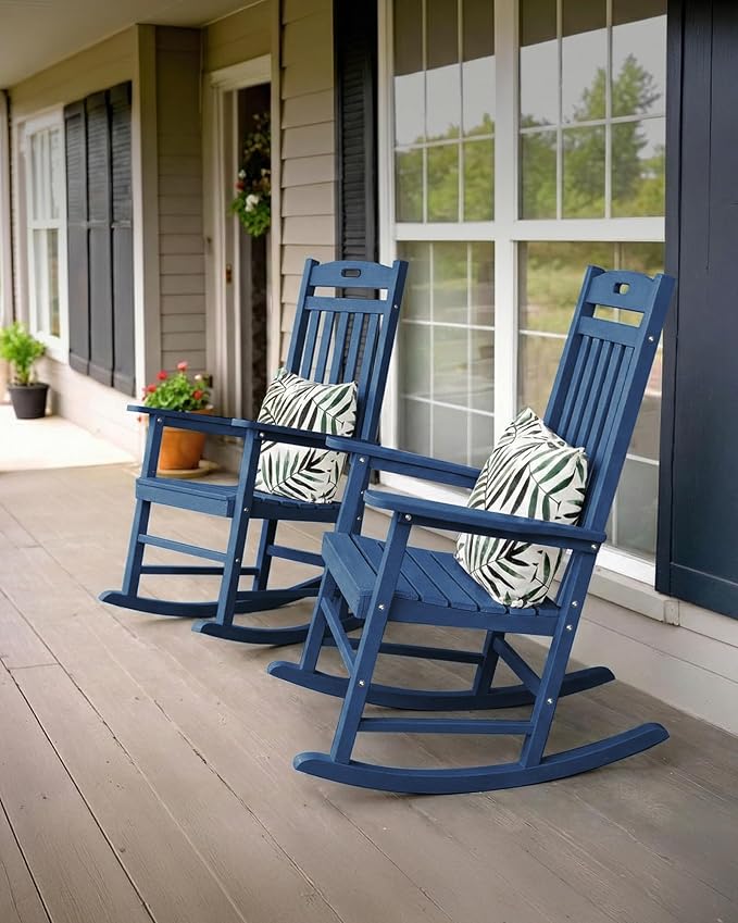 YEFU Porch Rocking Chairs Set of 4: Plastic Rocking Chairs for Outside, Weather Resistant for Patio, Waterproof, Rock smoothly, Navy Blue