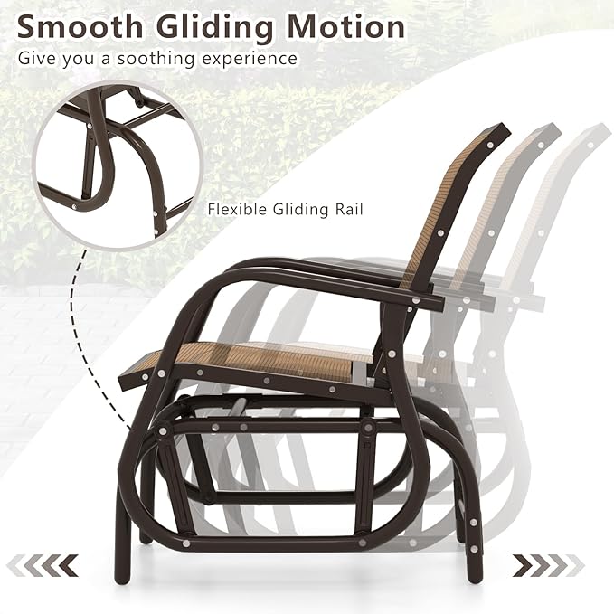 Tangkula Swing Glider Chair, Ergonomic Rocking Chair with Comfortable Fabric, Iron Frame, 4 Non-Slip Foot Pads, Outdoor Patio Glider Rocker Chair for Living Room, Garden, Backyard (1, Brown)