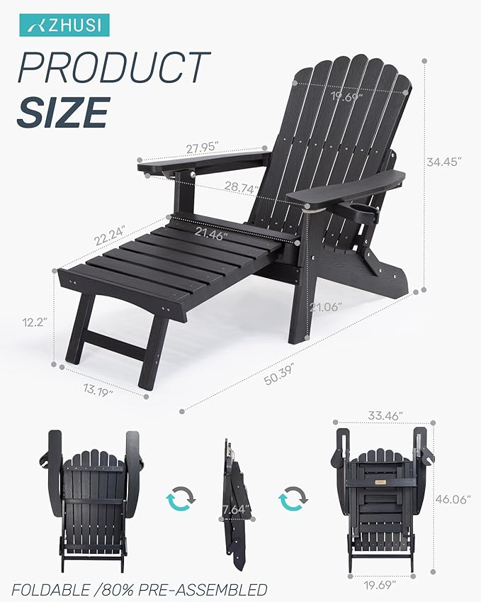 ZHUSI Folding Adjustable Adirondack Chair with Retractable Ottoman, Adirondack Chair with 2 Cup Holders - Photo 2