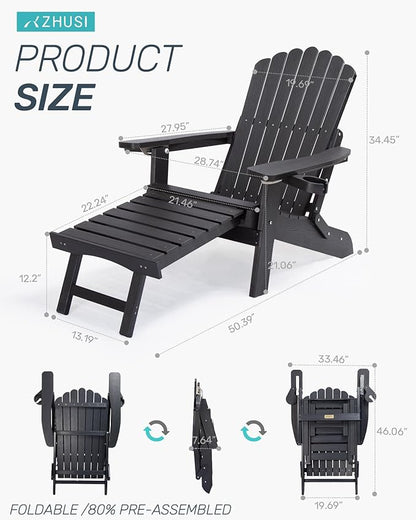 ZHUSI Folding Adjustable Adirondack Chair with Retractable Ottoman, Adirondack Chair with 2 Cup Holders, Outdoor Chairs for Porch Patio Lawn Balcony Weather Resistant (Black, 1 pcs)