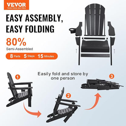 VEVOR Folding Adirondack Chairs Set of 2 with Cup Holder, All-Weather Portable Plastic Fire Pit Chair, Outdoor Adirondack Patio Chair, with Relaxing Arm Rest Ergonomic, for Garden, Backyard, Black