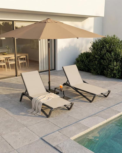 Lounge Chair Set of 4, Aluminum Chaise Lounge Outdoor, Lightweight Lounge Chairs for Outside with 5 Adjustable Backrest, Pool Lounger for Poolside, Beach, Balcony, Deck (Khaki)