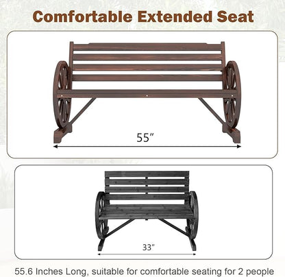 kinbor 55" Wooden Rustic Wagon Wheel Bench, Outdoor Bench Seat, Patio 2-Person Bench with Backrest