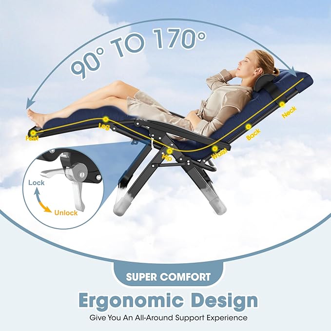 Oversized Zero Gravity Chair, XXL Lounge Chair 33” Width, Padded Recliner Chair W/Removable Cushion & Adj Headrest - Photo 5