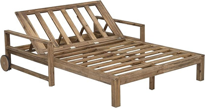 Merax Acacia Wood Outdoor Patio Daybed Sunbed with Movable Wheels, All Weather Chaise Lounges Reclining Chairs, 2 People Seating for Poolside Garden Backyard, Grey