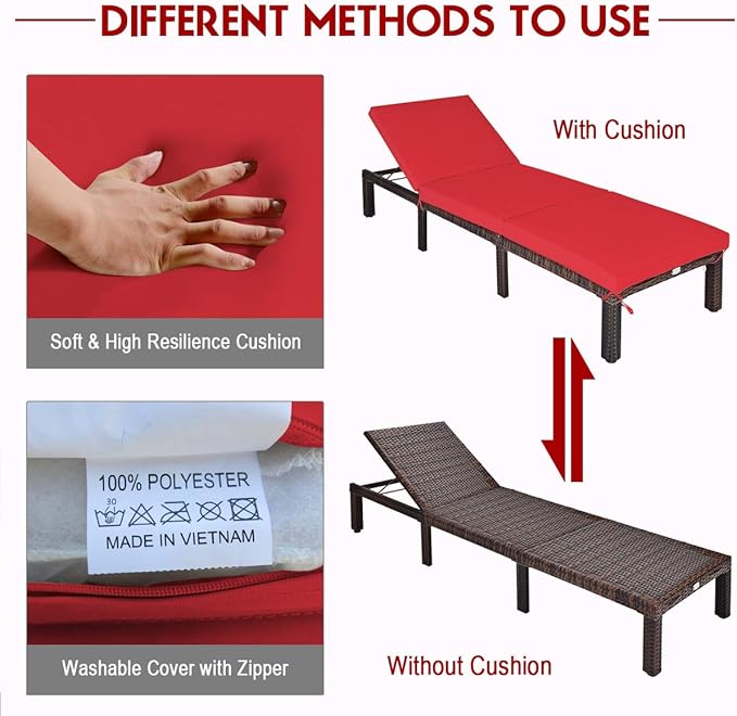 COSTWAY 2PCS Patio Rattan Lounge Chair, 6-Gear Adjustable Chasie Lounge, Outdoor Recliner for Deck, Backyard (Red) - Photo 8