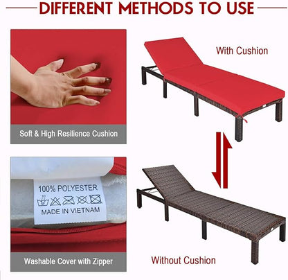 COSTWAY 2PCS Patio Rattan Lounge Chair, 6-Gear Adjustable Chasie Lounge, Outdoor Recliner for Deck, Backyard (Red)