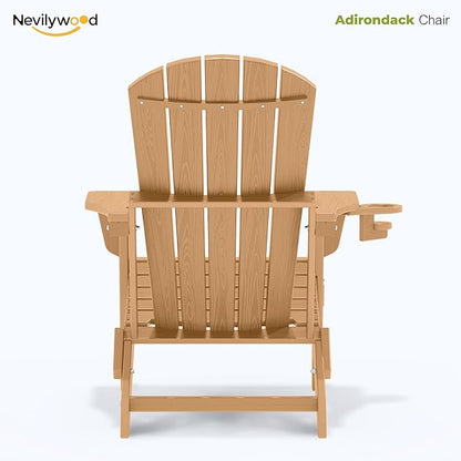 nevilywood Folding Adirondack Chair with Cup Holder Set of 4, HDPE Patio Chairs,All-Weather Outdoor Chairs for Backyard, Deck,Fire Pit-TeakBrown