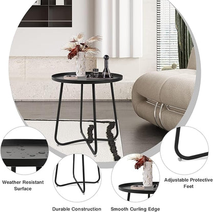 J.M.Deco Outdoor Side Table Set of 2, Small Round Patio Table Weather Resistant Steel, Small Accent End Table for Patio Yard Garden, Balcony, Bedside, Indoor & Outdoor (Black)