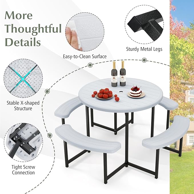 Giantex Picnic Table Bench Set for 4-8 Person, Round 37” Outdoor Dining Table w/Umbrella Hole, HDPE Tabletop - Photo 8