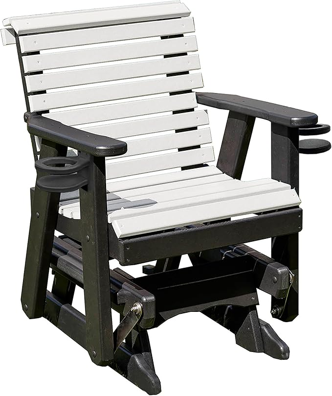 Amish Craftsmanship Made in USA 2FT Heavy Duty Poly Lumber Wood Porch Patio Glider HDPE with No wood fibers Lancaster Series Rollback design 500 lbs Limit With Cupholders White on Black